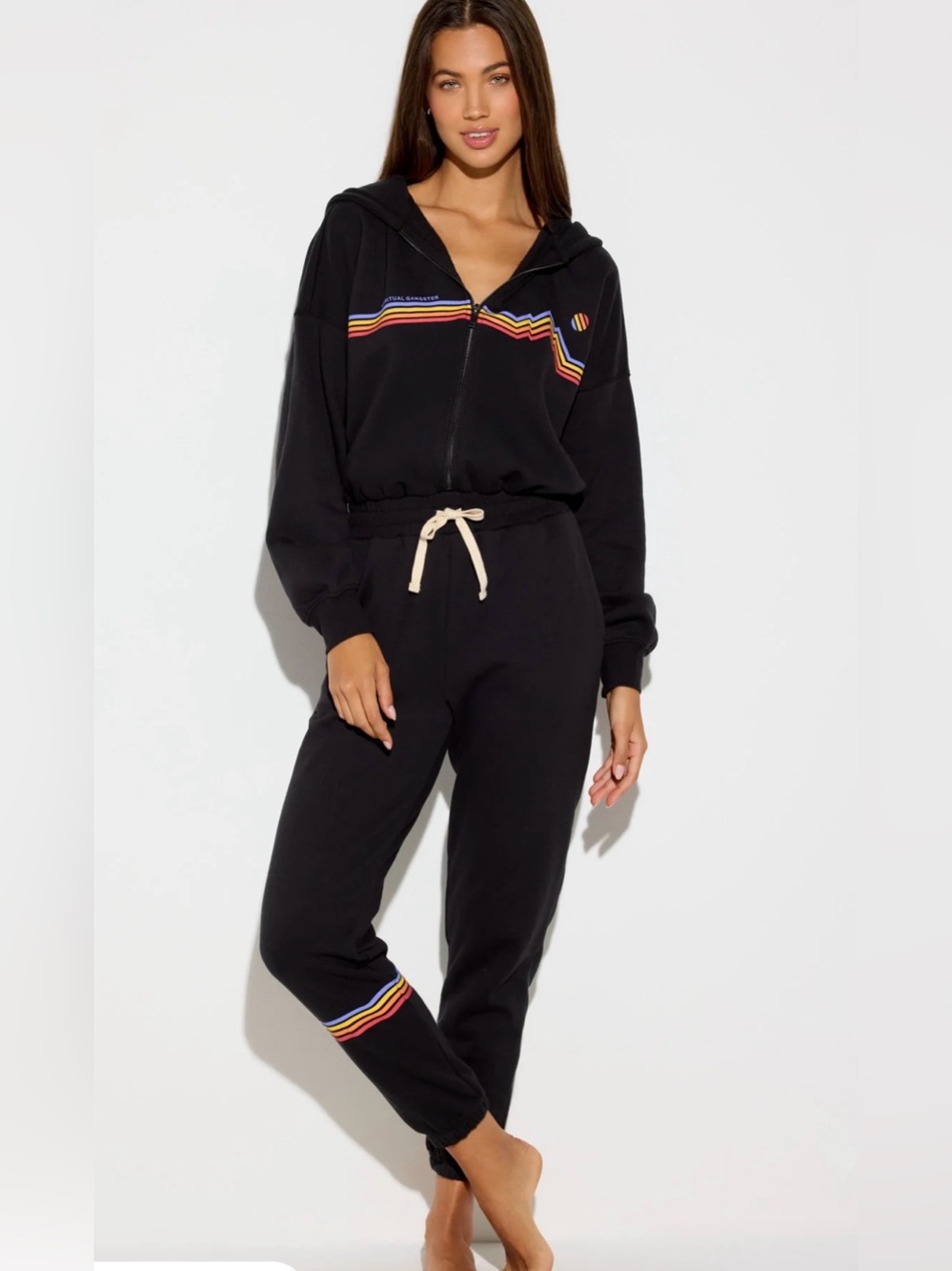 Spiritual Gangster Black Hooded Jumpsuit Rainbow Stripe Accents- new- never worn